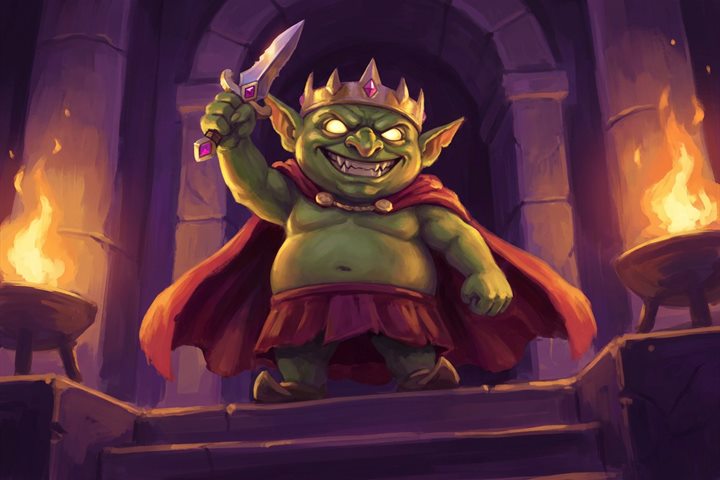 The Goblin King, crowned, raising a jewelled dagger