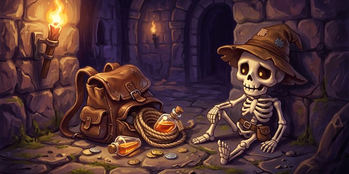 A lost adventurer's pack beside a skeleton